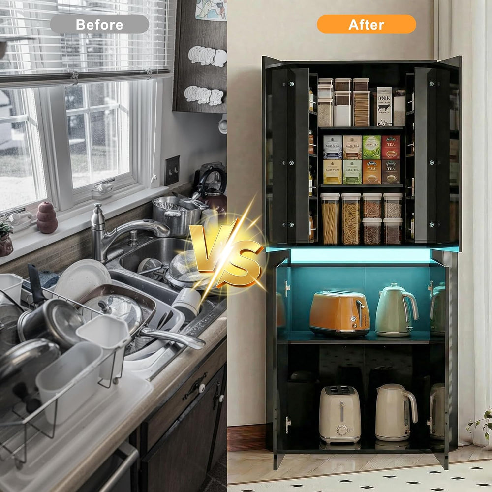 Anbuy 67'' Tall Pantry Cabinet with Led Light, Corner Pantry Cabinet ...