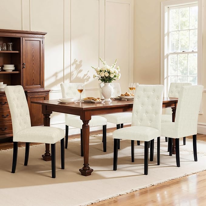 CHUN YI Dining Chairs Set of 6, Button Tufted Upholstered Fabric Dining Room Chairs with Solid Wood Legs, Modern Parsons Chair Side Chair for Kitchen/Restaurant/Hotel, Ivory White