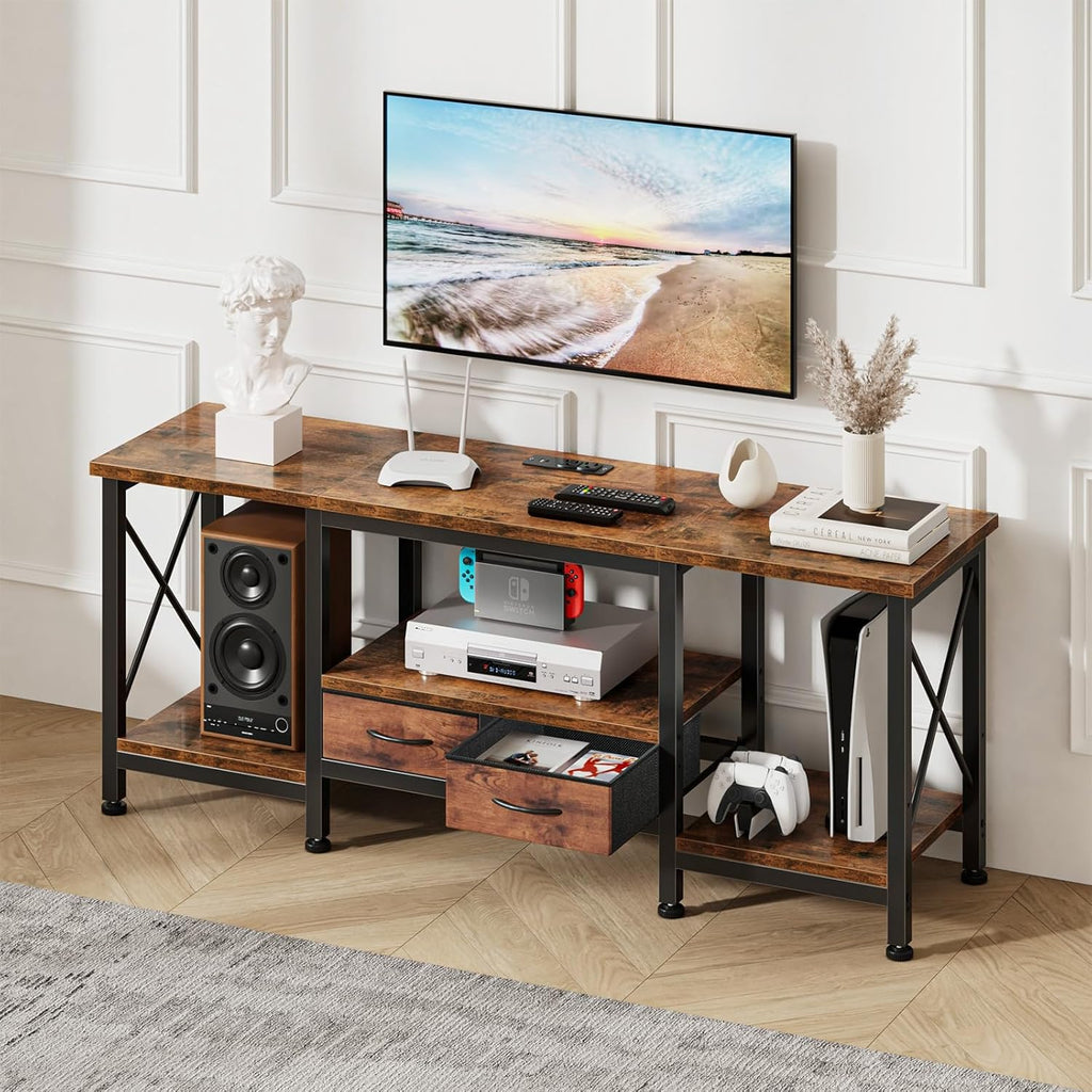 55" TV Stand with Fabric Drawers for 55/60/65 Inch TVs | TV Console Table Entertainment Center with Power Outlets & Open Storage Shelves for Living Room & Bedroom, Rustic Brown