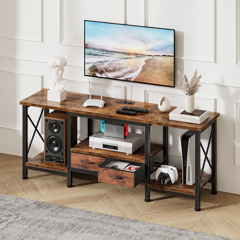Sweetcrispy 55" TV Stand with Fabric Drawers for 55 60 65 Inches TV | TV Console Entertainment Center with Open Shelves & Sturdy Metal Frame & Charging Station for Living Room, Bedroom, Brown
