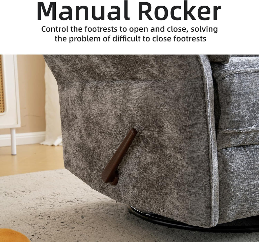 Oversized Glider Rocker Recliner, 24" Extra Wide 360° Swivel Nursery Recliner with Adjustable Headrest, Chenille Rocking Nursery Chair with Overstuffed Armrest, Lumbar Support, Dark Grey