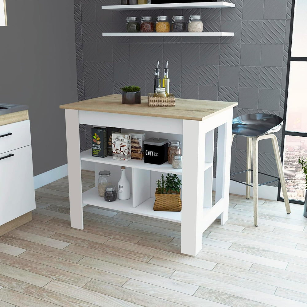 Kitchen Island Dozza with Three Shelves in White and Light Oak | Three storag...