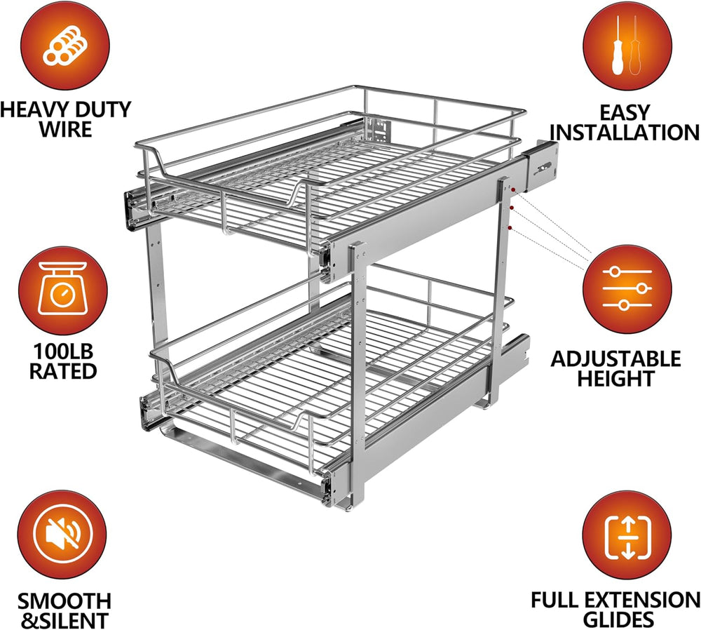 JOWBOOW 2-Tier Cabinet Pull Out Shelves, 11" W x 22" D, Chrome