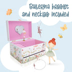 The Memory Building Co Ballerina Musical Jewelry Box Plays Classic Melody, Storage Organizer Music Box for Kids Ages 6-12, MDF Wood w/ 2 Fabric Lined Ring Bracelet Necklace Treasure Compartments