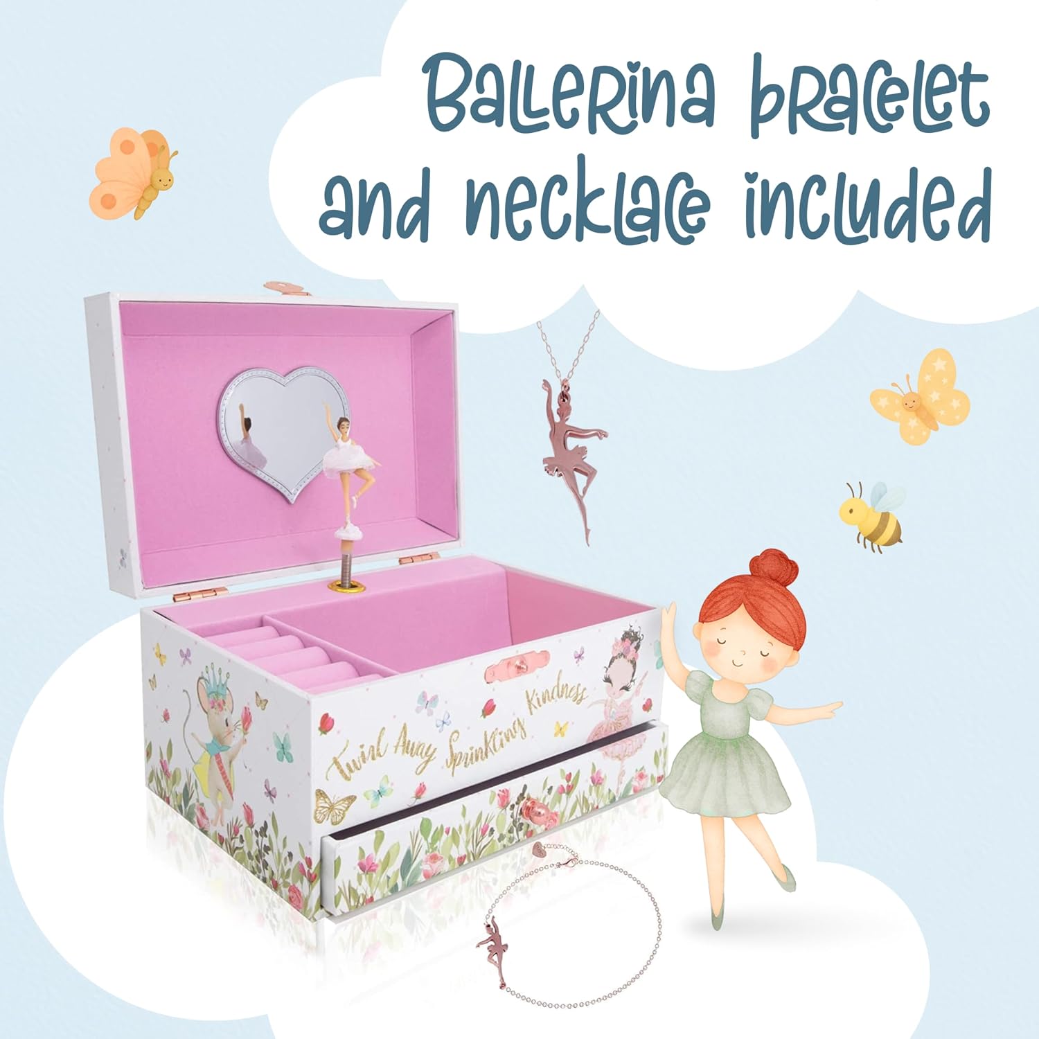 The Memory Building Co Ballerina Musical Jewelry Box Plays Classic Melody, Storage Organizer Music Box for Kids Ages 6-12, MDF Wood w/ 2 Fabric Lined Ring Bracelet Necklace Treasure Compartments