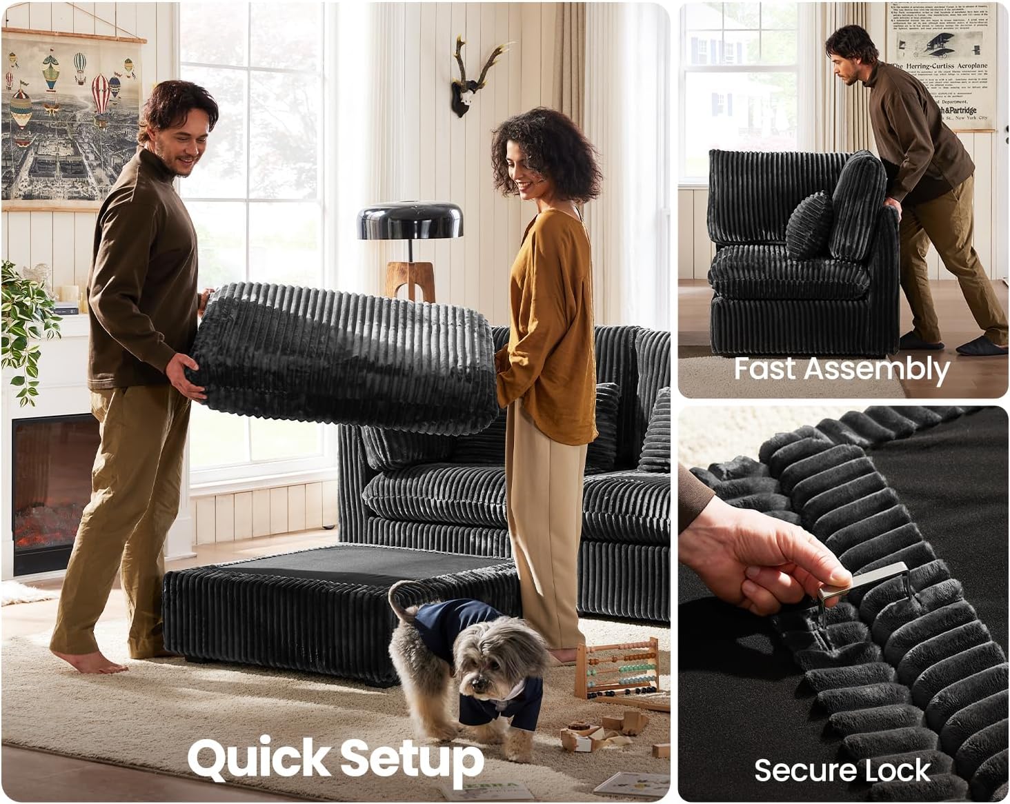 84" Oversized Corduroy Modular Sectional Sofa, Extra Deep 3-Seater Sofa Fluffy Cloud Couch with Ottoman, Sectional Sleeper Sofa for Living Room, L-Shaped, Plush Corduroy, Black