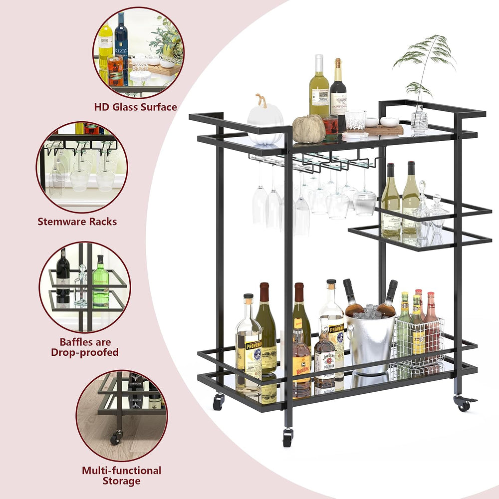 RiteSune Black Bar Carts for The Home, Wine Cart with Wheels | 3 Tier Home Se...