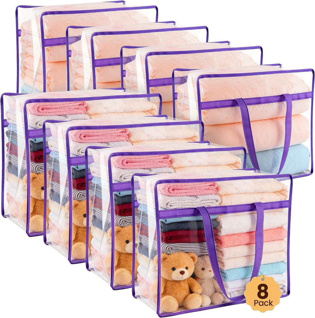 8 Pack Clear Clothes Storage Bags, Double Zipper Design 40L Underbed Moving Bags for Blankets and Clothes, Large Capacity Closet Organizers and Storage for Dormitory, Bedroom, Closet-Purple
