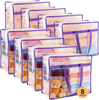 8 Pack Clear Clothes Storage Bags, Double Zipper Design 40L Underbed Moving Bags for Blankets and Clothes, Large Capacity Closet Organizers and Storage for Dormitory, Bedroom, Closet-Purple