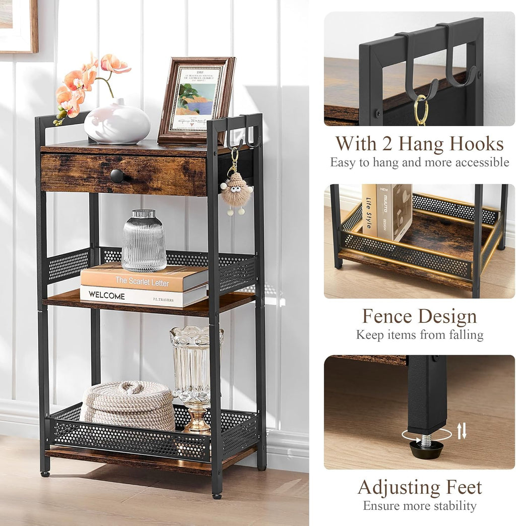 FAVOOSTY Bathroom Ladder Shelf, 3-Tier Bathroom Floor Storage Shelf with Drawer, Freestanding Towel Shelf, Bookcase End Table Open Shelving Unit for Living Room,Balcony, Rustic Brown