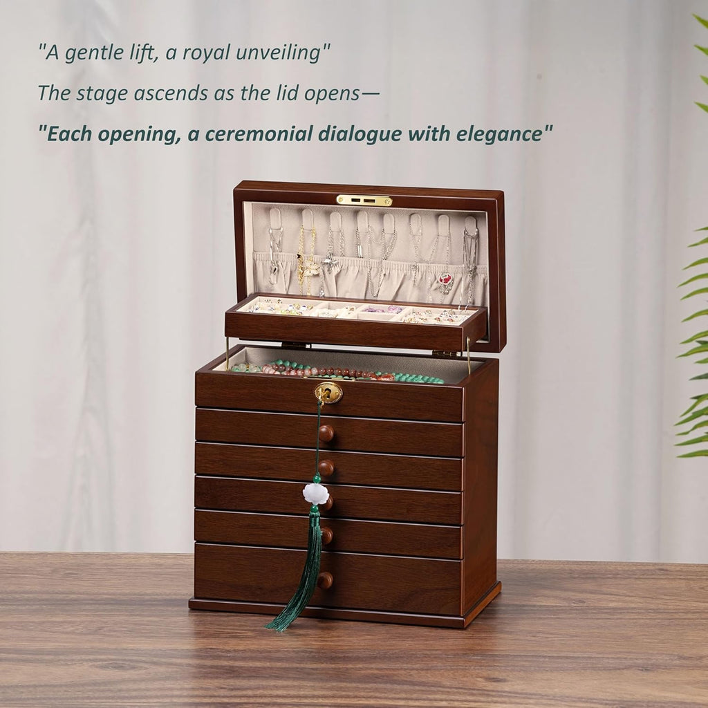 Jewelry Boxes and Organizers - Large Wooden Lockable Cabinet with Key, 8-Layer dresser top jewelry organizer, Vintage Jewelry box for Women and Men GiftIdea
