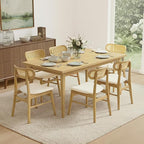 Wooden Dining Chairs Set of 4, Upholstered Modern Dining Room Chairs, Mid Century Oak Wood Kitchen Chairs with Rattan Backrest for Farmhouse, Kitchen, Restaurant (Cream Fabric & Original Color)