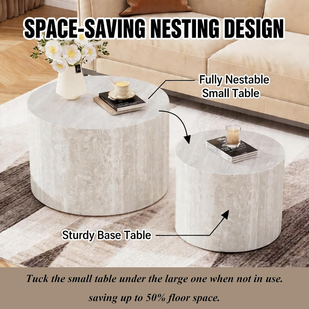 2-Piece Round Nesting Coffee Table Set with Travertine Texture, Modern Stacka...