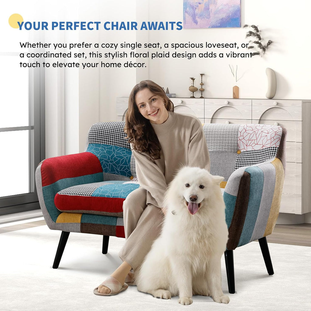 Bonzy Home Modern Colorful 3 Piece Coroful Fabric Sofa Set, Included Accent Chair and Boho 2 Loveseat, Linen Patchwork Plaid Couches with Rubberwood Legs and Removable Upholstered for Living Room