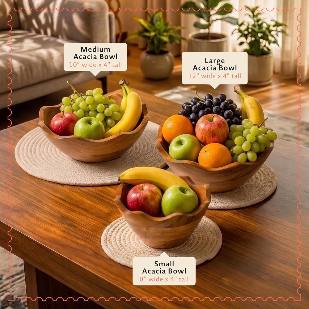 Premium Acacia Salad Bowl Set - Natural Finish, 10in and 12in, 2-Set