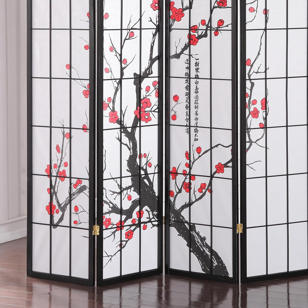 Roundhill Furniture Black Japanese 4-Panel Screen Room Divider, Plum Blossom