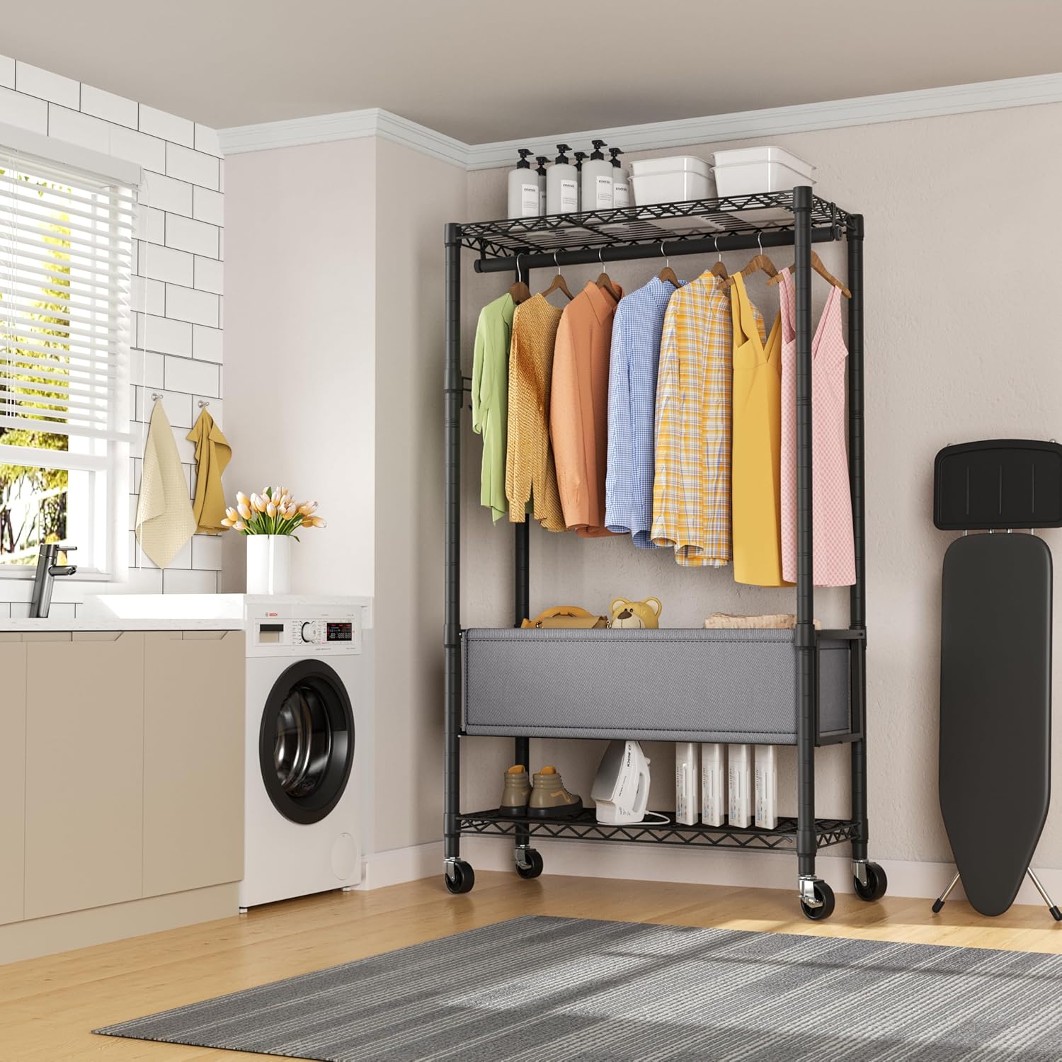 Clothes Rack,Heavy Duty Garment Rack 3 Tier Adjustable With Removable Clothe Basket,Wheels Free Standing Rolling Wire Shelving Clothing Racks for Hanging Clothes Metal Portable Closet