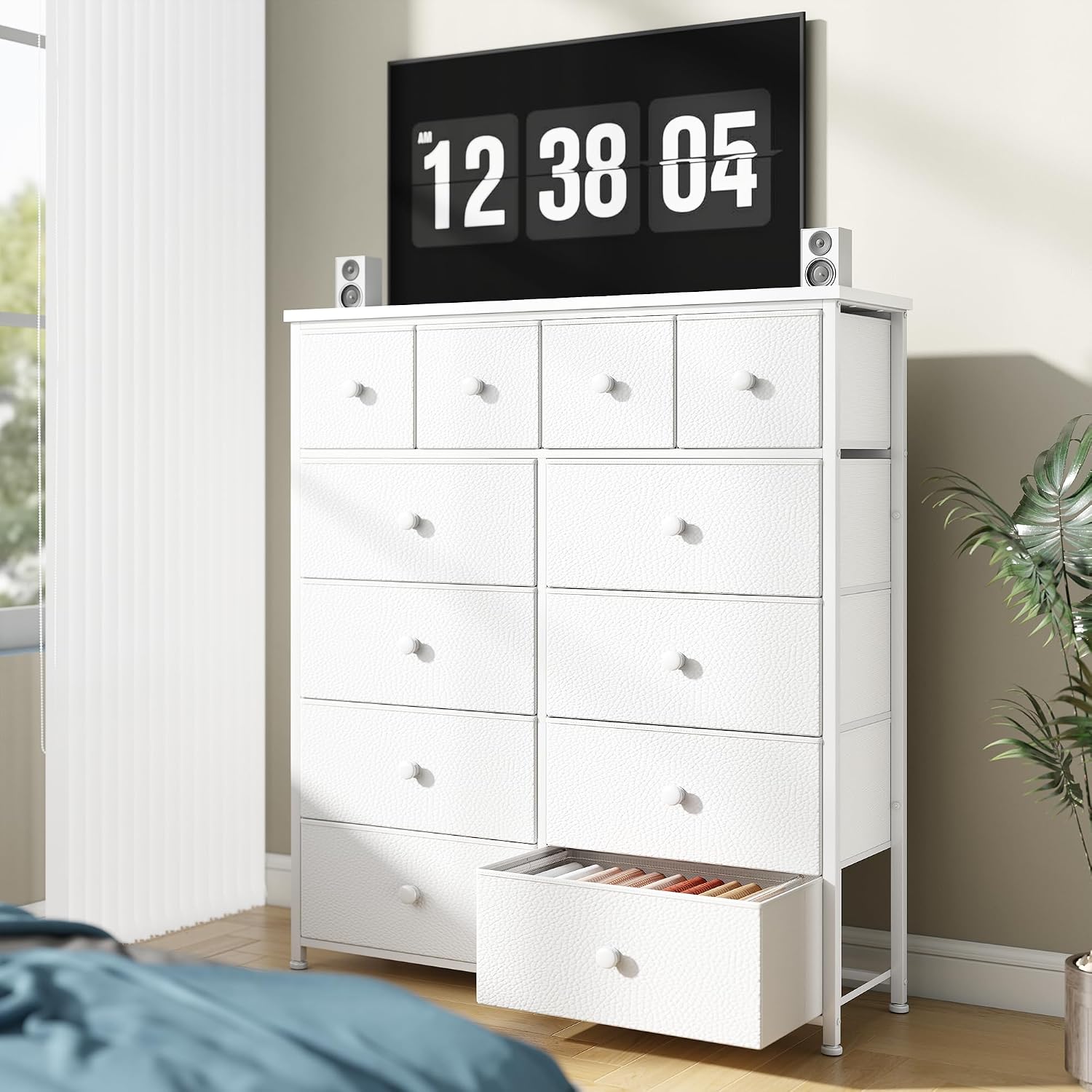 Bepatio Dresser for Bedroom with 12 Drawers, Fabric Dressers & Chest of Drawers with Sturdy Metal Frame, Wood Top, for Woman, 38.9" W x 11.8" D x 40.1" H (White)