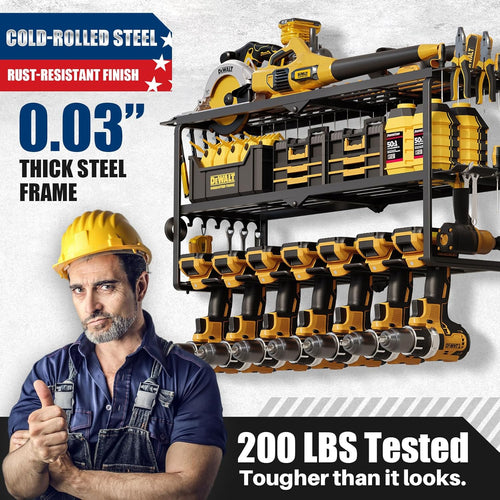 26''W Power Tool Organizer Wall Mount | 200lbs Garage Storage Rack with 7 Cordless Drill Holder | 3-Tier Heavy Duty Utility Shelf for Battery Workshop Organization