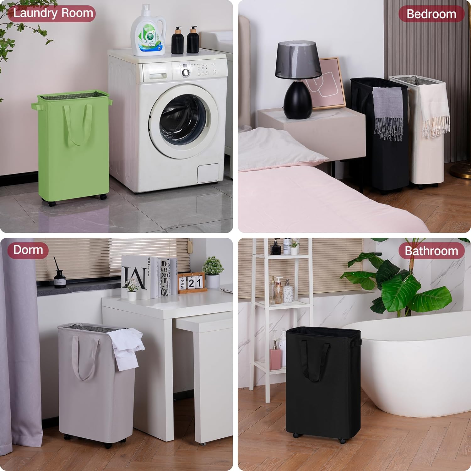 efluky Slim Laundry Hamper with Wheels, Rolling Laundry Basket for Clothes, Small Laundry Basket for Bedroom, Dorm and Laundry Room, 60L (12.7 Gallons) Green