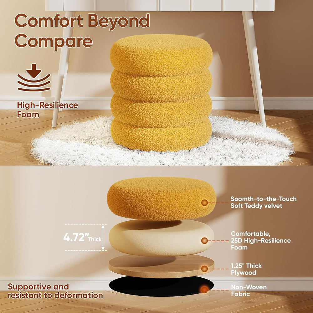Soft Teddy Round Ottoman with Tray, 17.5 Inches Ottoman Coffee Table with Sto...