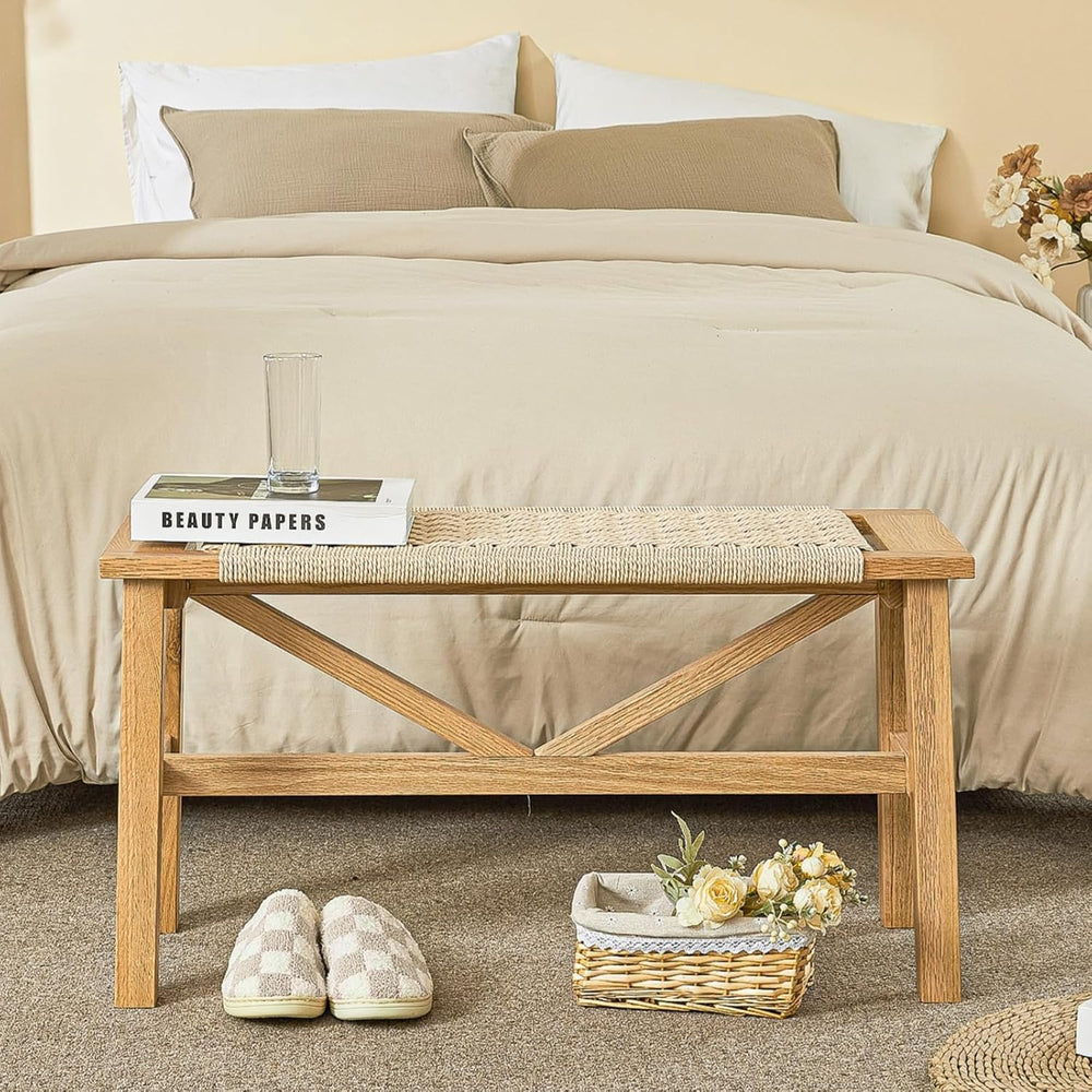 Solid Wood Narrow Bench, 33.46" Woven Bench for Entryway and Hallway, En...