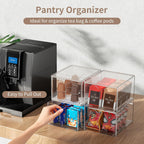 4 Pack Clear Tea Bag Organizers with Adjustable Dividers, Stackable Tea Drawer Organizer Box for Pantry, Coffee Bar, Kitchen Cabinet, Acrylic Food Storage Bins for Snacks, Sugar & Spice Packets