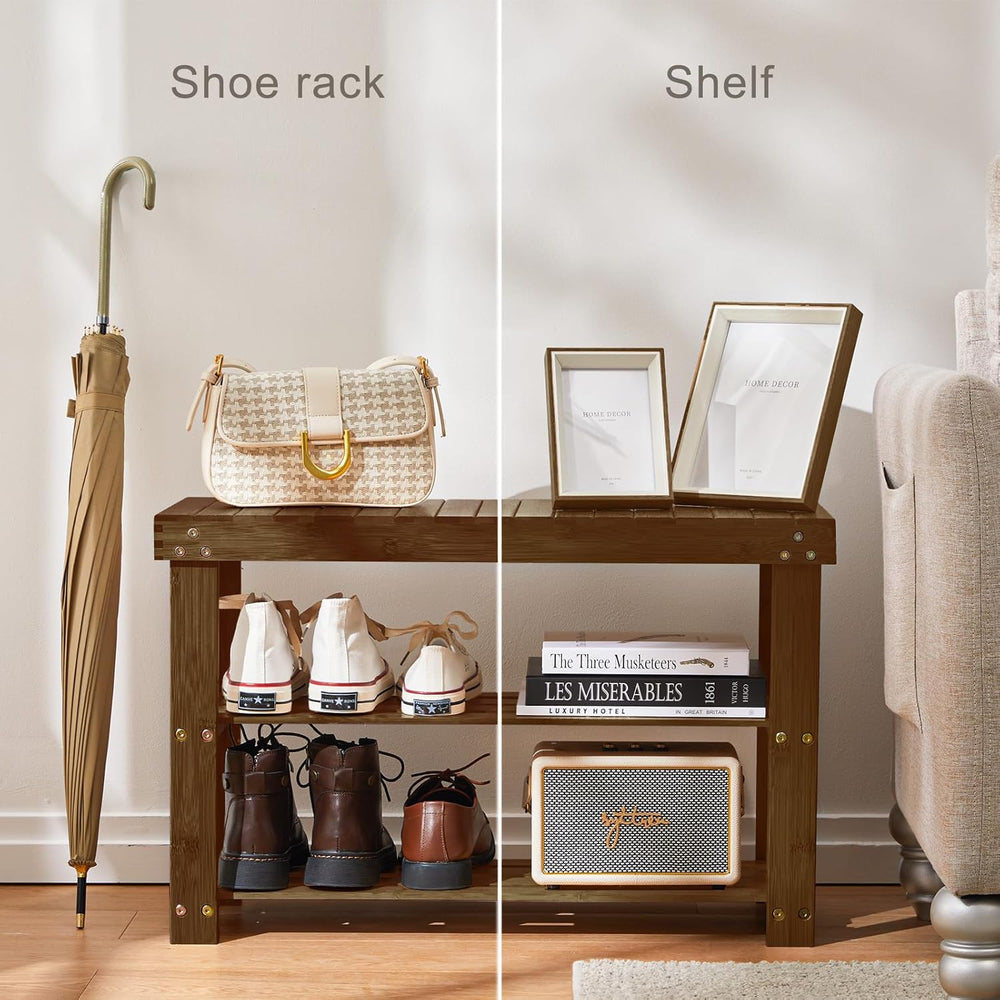 Pipishell Bamboo Shoe Rack Bench, 3 Tier Sturdy Shoe Bench, Storage Shoe Orga...