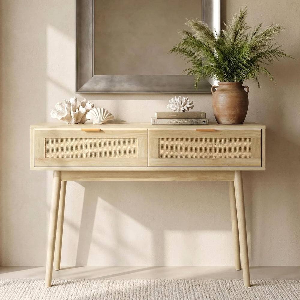 HOPUBUY Console Table Rattan Desk with Drawers,Narrow Sofa | Pine Leg, Modern...