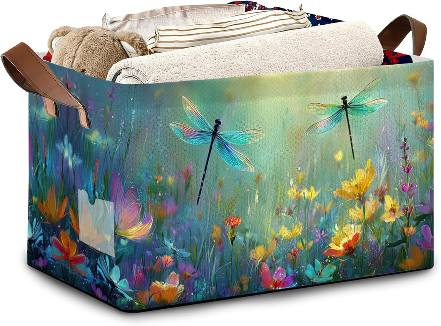 Dragonfly Storage Basket,Flower Collapsible Storage Bin Cubes for Living Room Bedroom Blankets Home Storage 17x11.5x10Inch