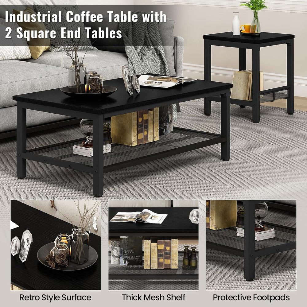 AWQM Coffee Table Set of 3, Industrial Coffee Table with 2 Square End Side Ta...