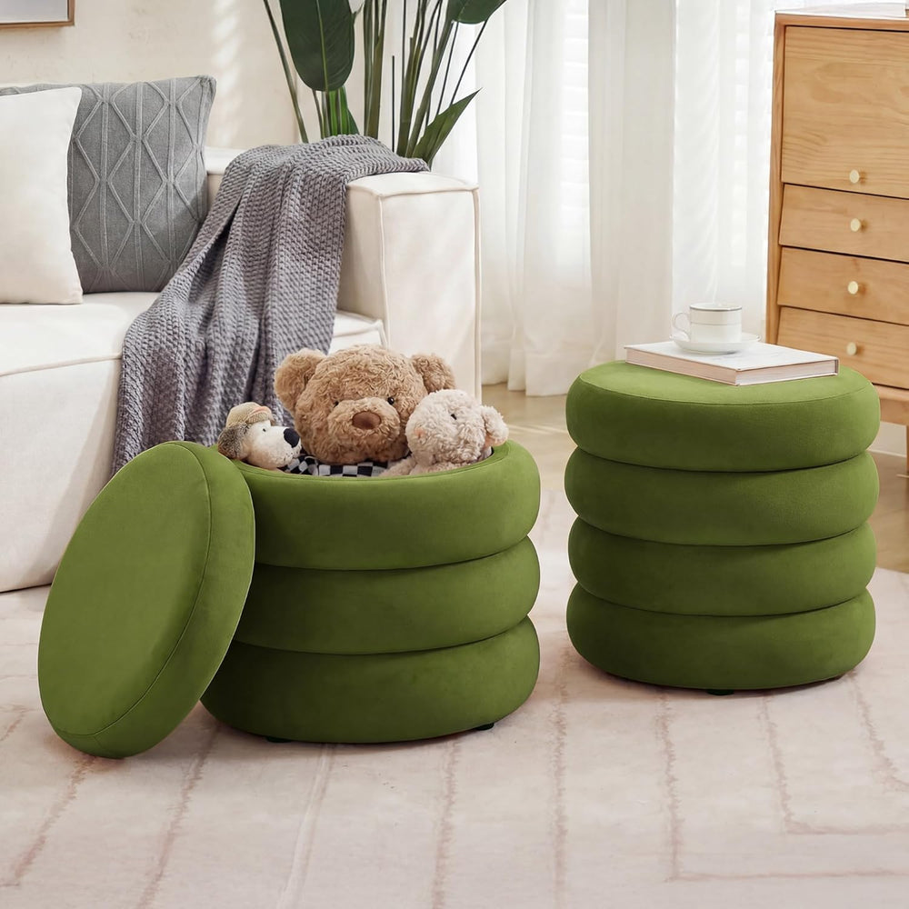 Velvet Storage Ottoman Set of 2, Compact Round Tufted Pair with Removable Lid...