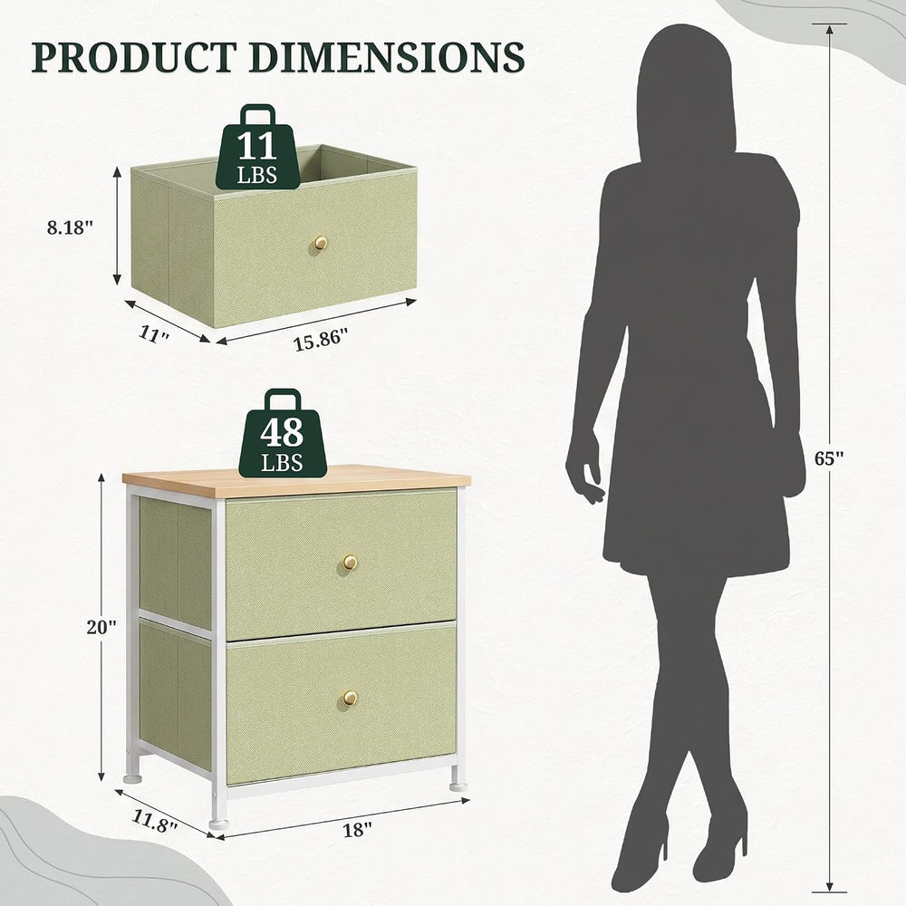 2 Drawer Fabric Nightstand, Bedside Table with Wooden Top, Light Green | Smal...