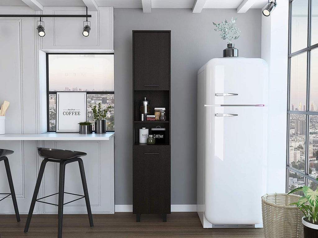 Modern Kitchen Pantry, Black Storage Cabinet with 2 Cabinets, 2 Doors and 2 Open Shelves, Easy to Maintain, for Dining Room