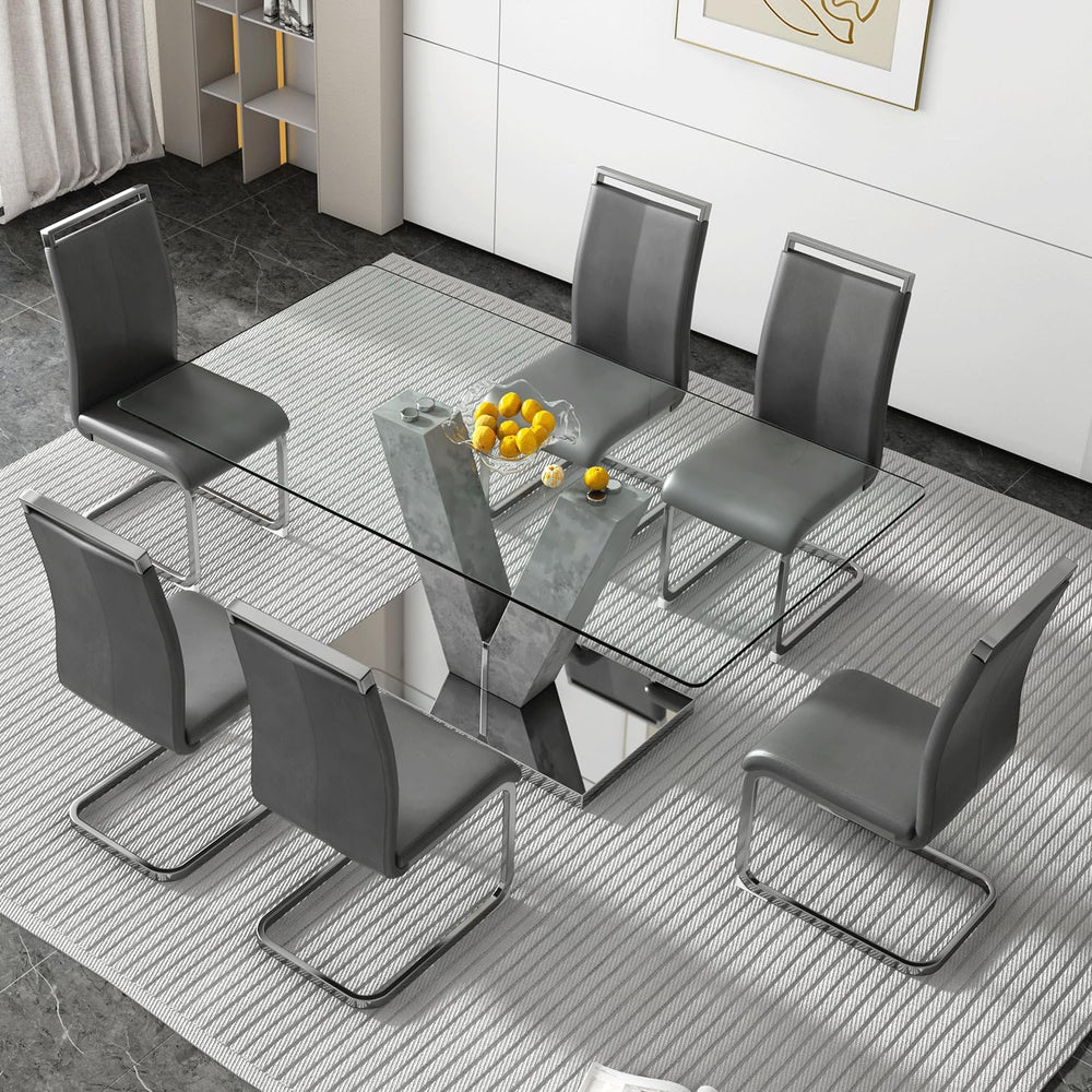 71" Glass Dining Table Set for 6, V-Base & 6 High-Back PU Chairs