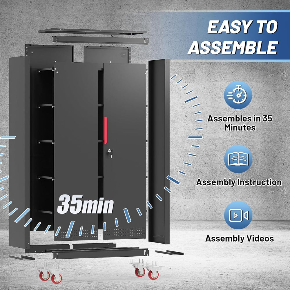 Metal Storage Cabinet with Wheels,71"Garage Cabinets with Lock Door | He...