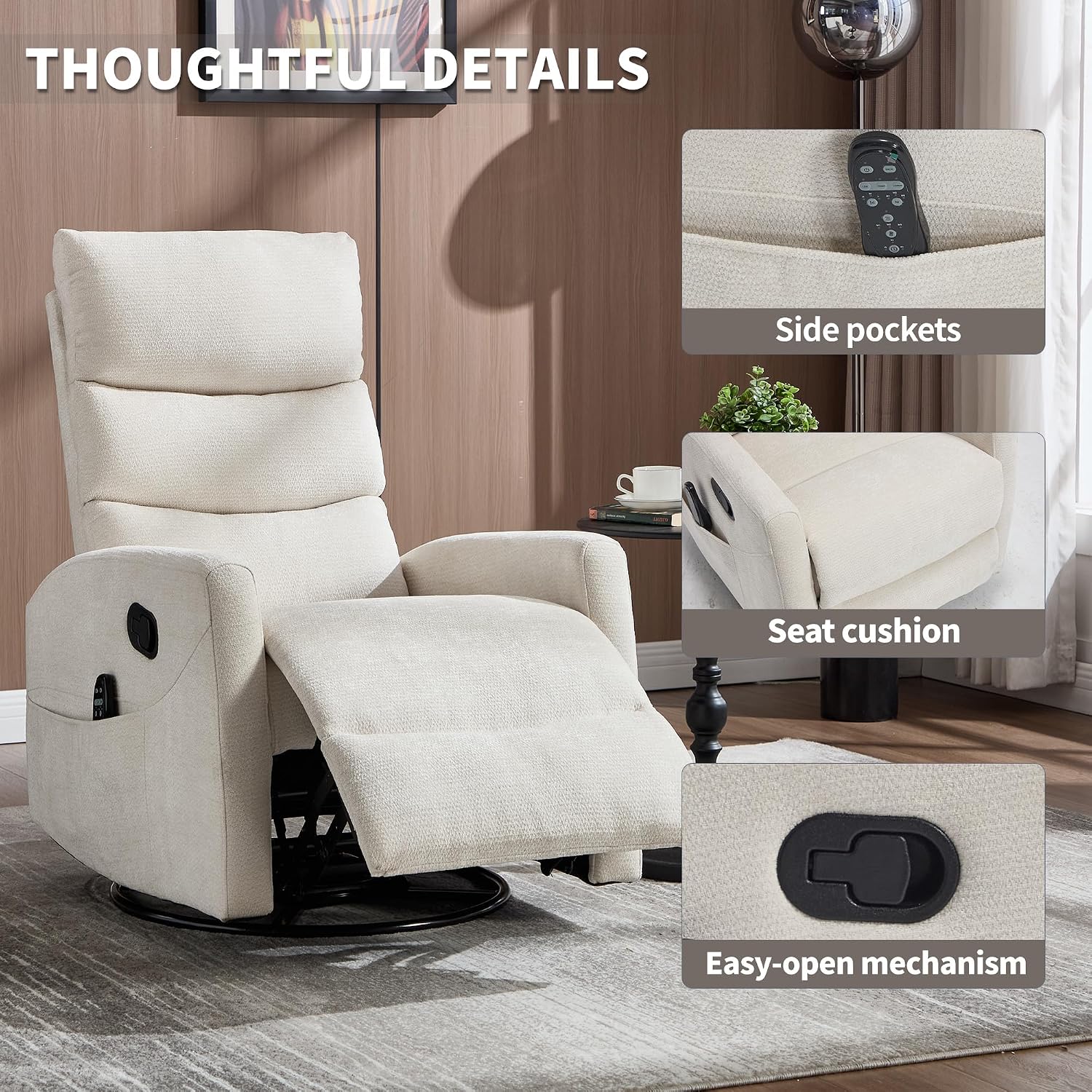 Manual Swivel Rocker Recliner Chair for Adults, Overstuffed Glider Chair for Nursing with Vibration Massage & Lumbar Heat, Living Room Rocking Recliner 3-Stage backrest, Chenille Fabric Beige