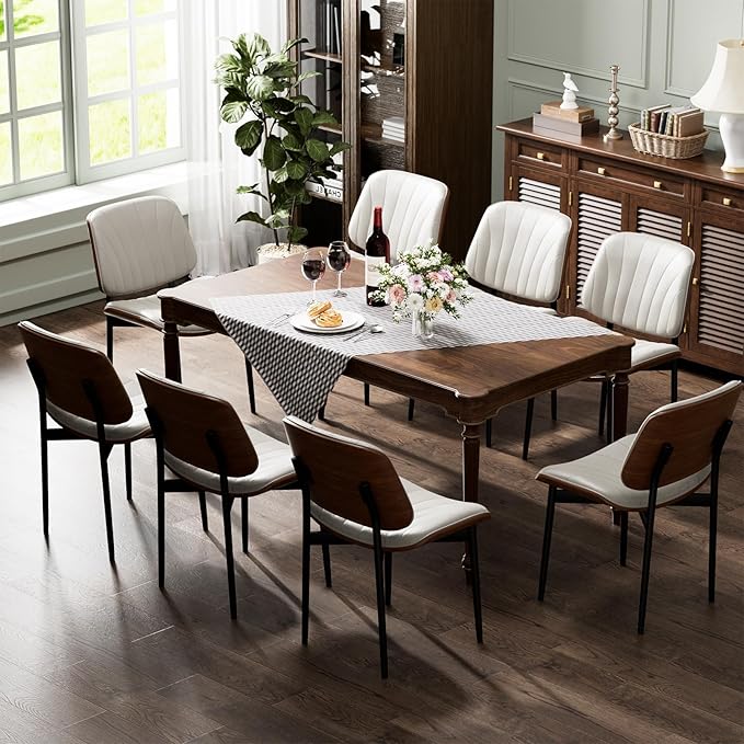 Dining Chairs Set of 6, Dining Room and Kitchen Chairs, Mid Century Modern Accent Chair, Upholstered PU Leather Chairs for Vanity with Walnut Bentwood and Metal Legs, Beige