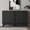 Night Stand Set 2, Bedside Table & End Table, Mid Century Modern Fluted Wood Nightstand with 3 Drawers & Metal Handles, Farmhouse Nightstand for Bedroom, Black