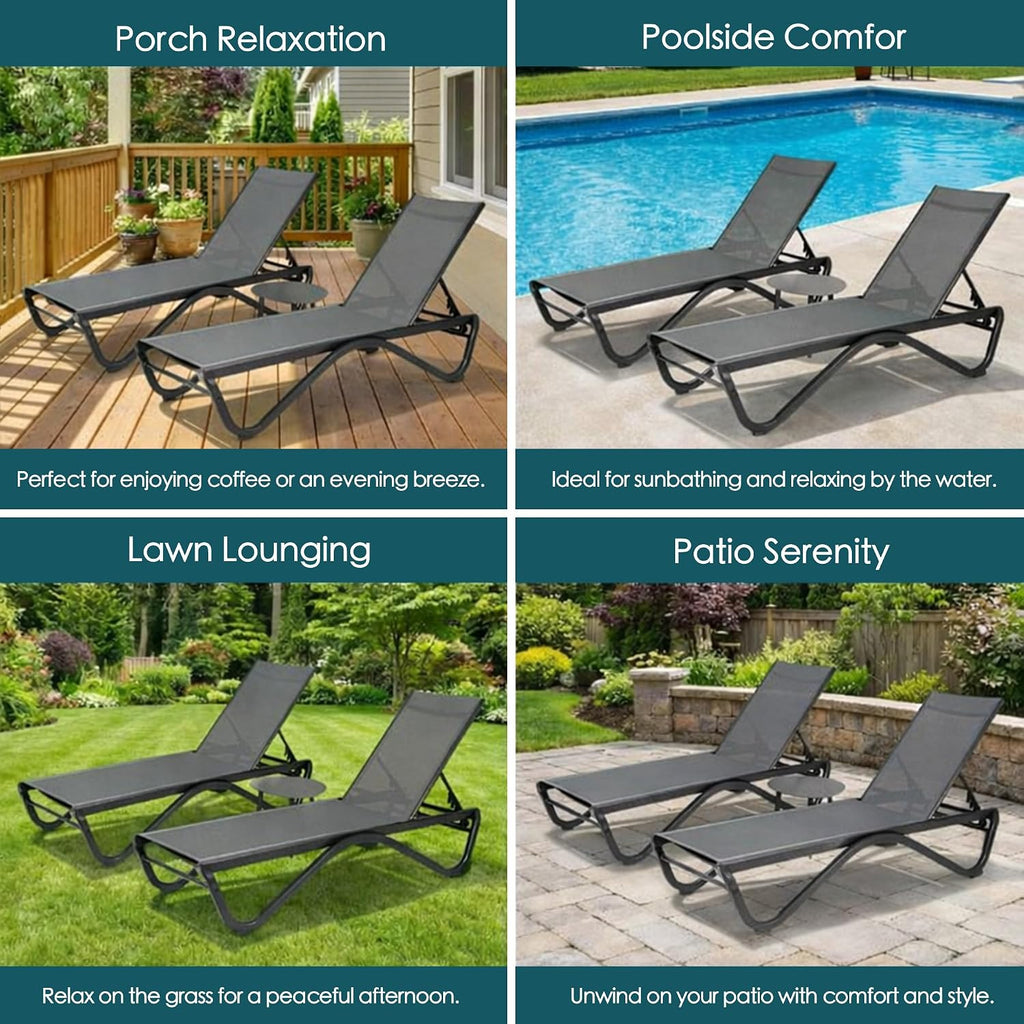 Kozyard 3-Piece Outdoor Chaise Lounge Chair Set, All Aluminum Frame | Textilene Fabric, Fully Flat Adjustable Reclining Patio Lounger for Poolside, Sunbathing & Backyard, Gray, 2Chairs + Table