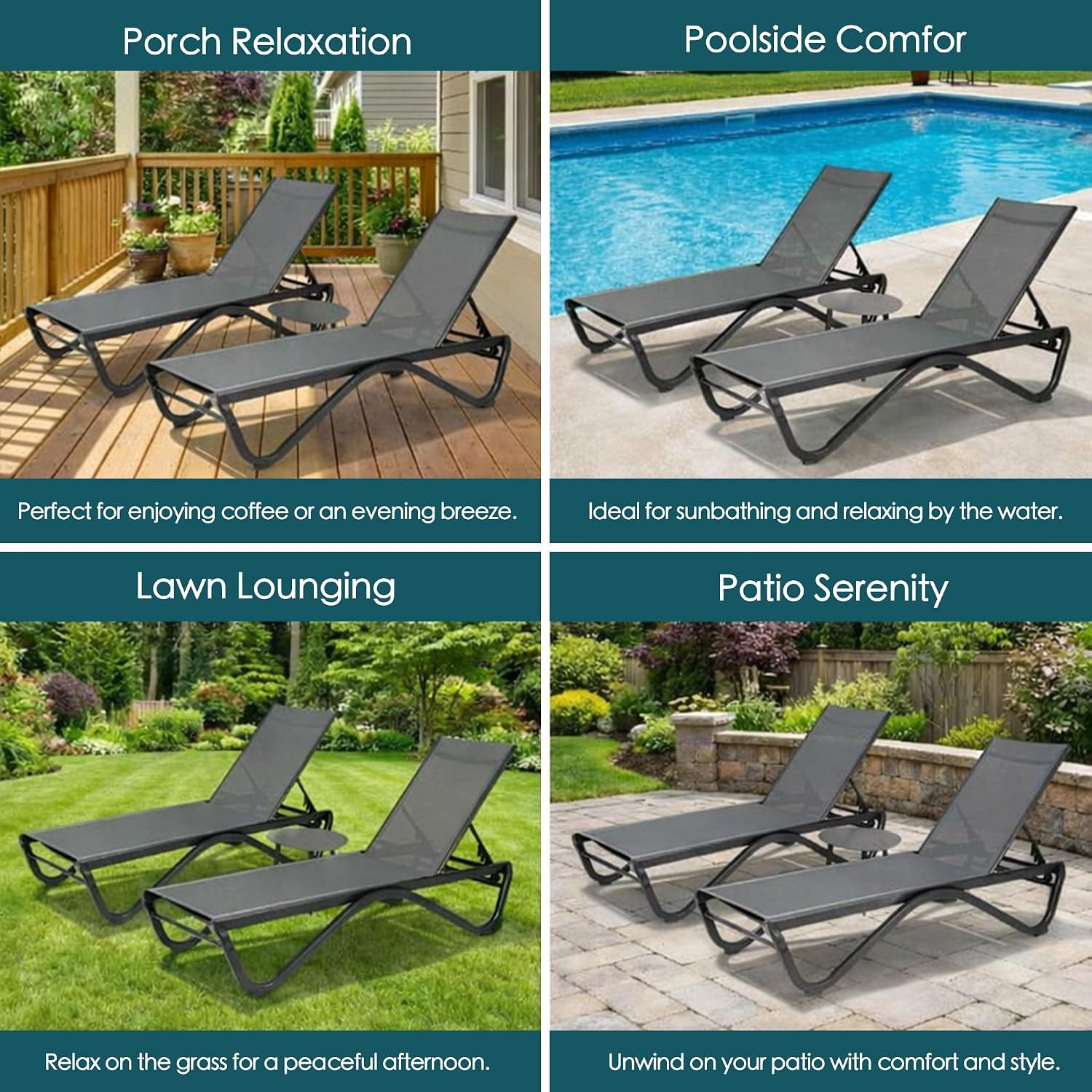 Kozyard 3-Piece Outdoor Chaise Lounge Chair Set, All Aluminum Frame | Textilene Fabric, Fully Flat Adjustable Reclining Patio Lounger for Poolside, Sunbathing & Backyard, Gray, 2Chairs + Table