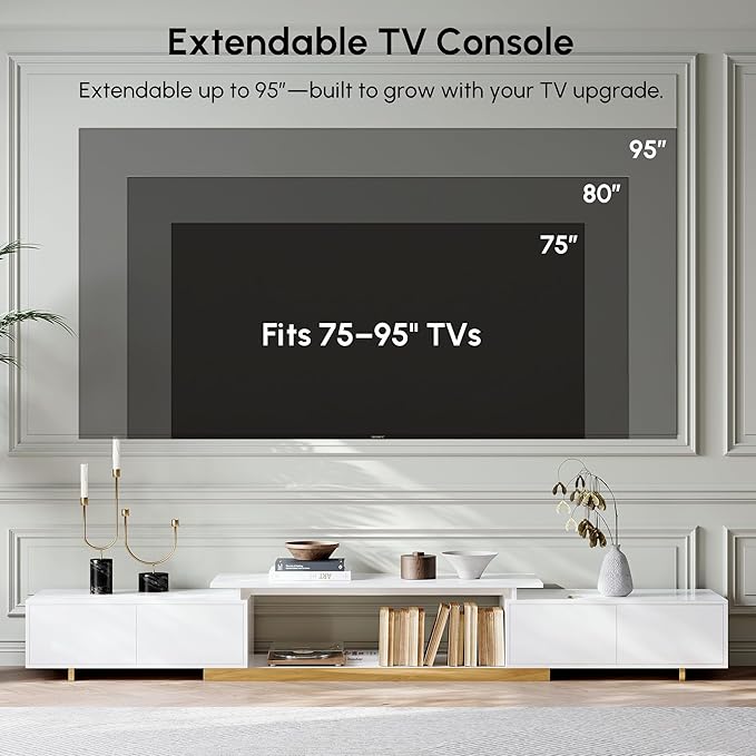 homary Extendable TV Stand for 65–85 Inch TVs, Modern Adjustable Media Console with Storage Drawers, White Entertainment Center for Living Room & Bedroom