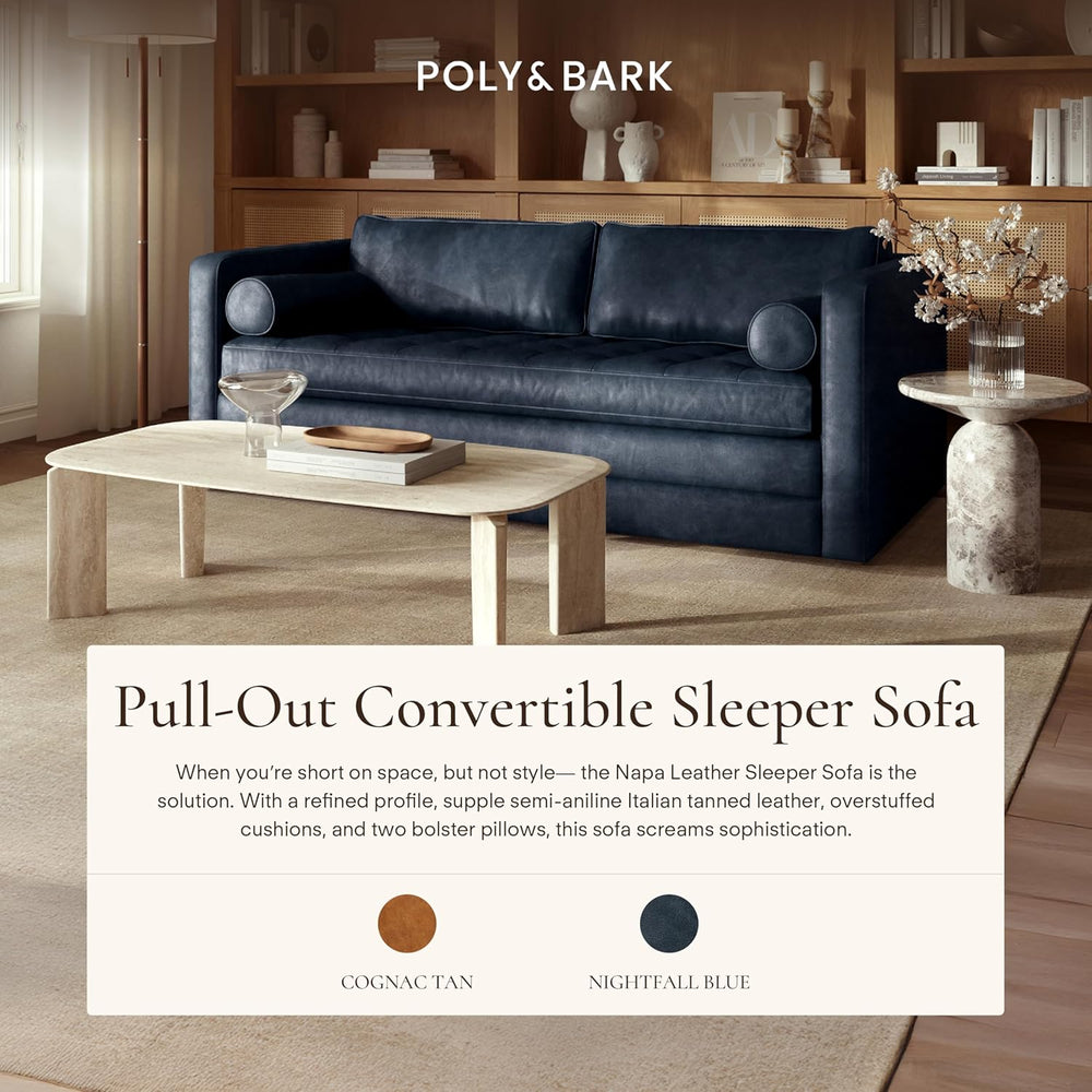 Poly & Bark Napa 82" Leather Pull‑Out Sleeper Sofa – Full‑Grain Ital...