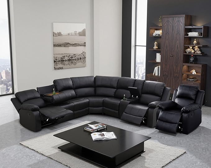 Manual Recliner Sectional Sofa Set, Bonded Leather L-Shaped Living Room Furniture Sets, Reclining Sectional Corner Couch and Recliner Chair Set for Home Office (Black, Sectional + Chair)