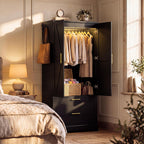 YESHOMY 70.9" Armoire Wardrobe Closet with Sensor Light, 2 Drawers (Black) | 20" Deep Design, Side Hooks, Soft-Close Hinges, Thickened Base Support