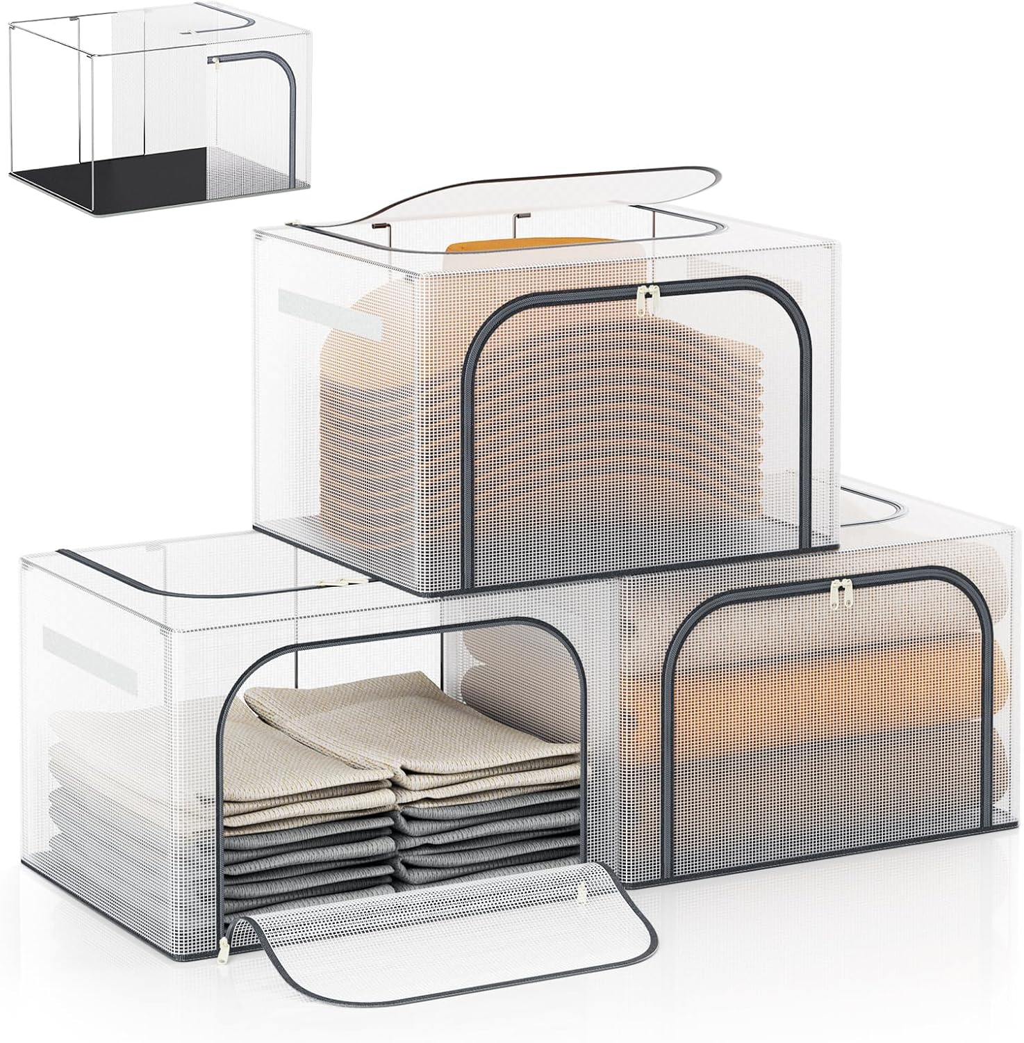 Large size 66L Fully Transparent Openings Clothes Storage Bins with Metal Frame, Stackable & Foldable Storage Box with Lids, Closet Organizers, Cap, Sweater.(19.7x 15.75 x 13 Inches)