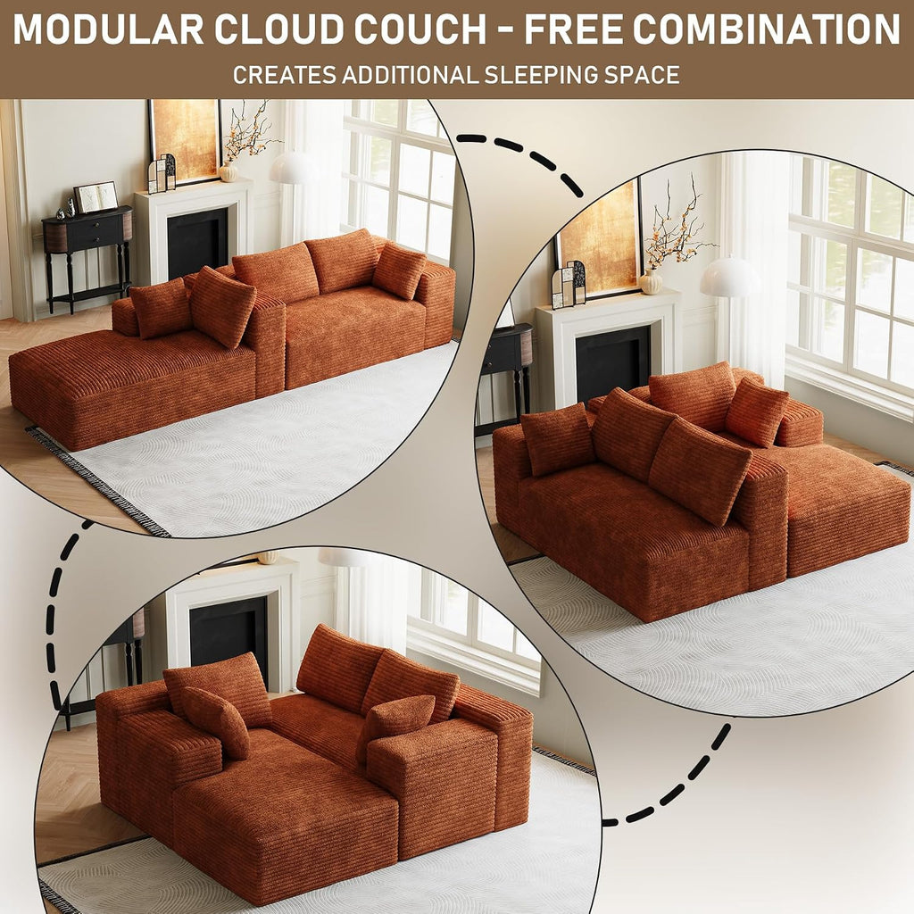 ONEMMLION 96" L-Shaped Cloud Boneless Couch Sofa with Chaise, Orange | Corduroy Comfy Fluffy Modular Deep Seat Memory Foam Compressed Sectional Sofa for Living Room Oversized Right Facing Chaise