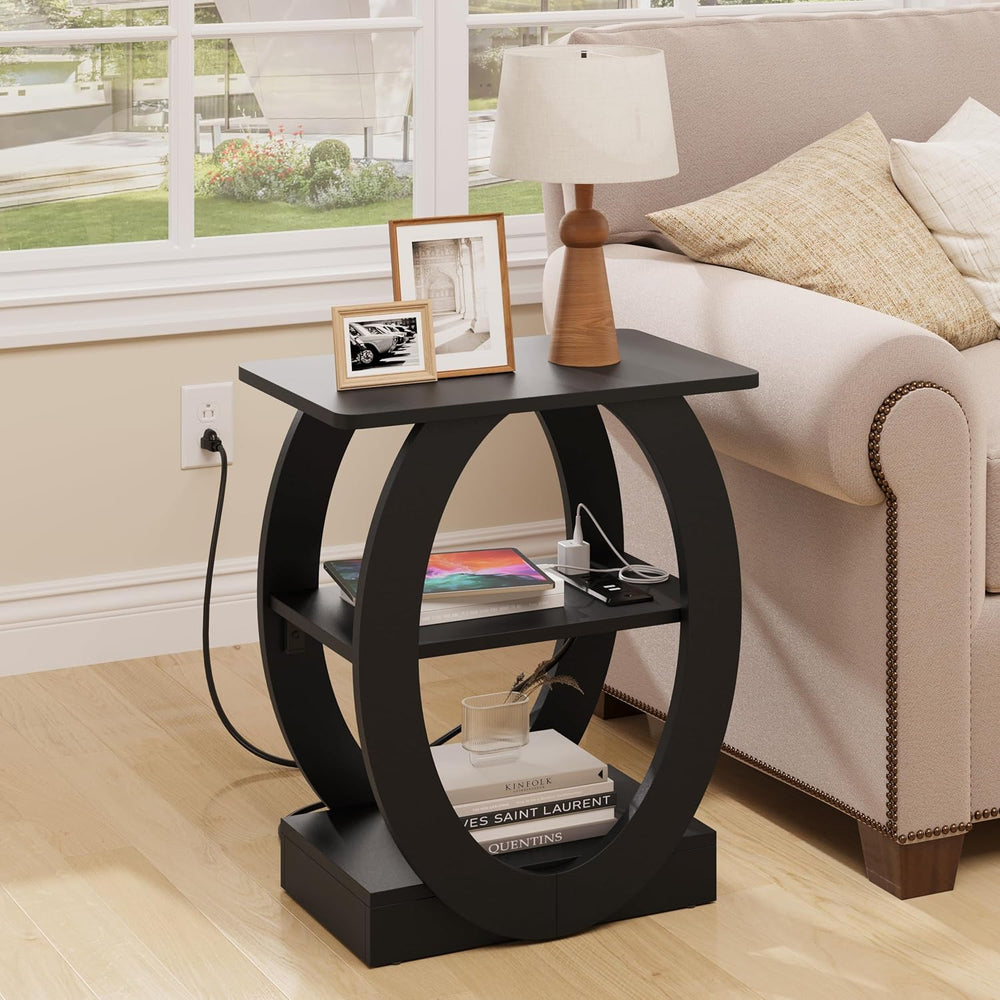 End Table Set of 2 with Charging Station, Black Side Table with USB Ports and...