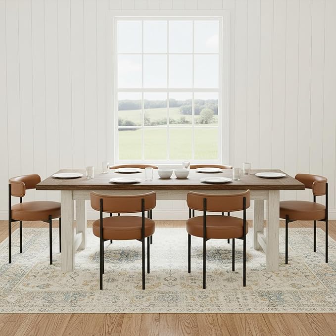 Faux Leather Dining Chairs Set of 6, Upholstered Kitchen and Dining Room Chairs, Mid-Century Modern Dining Chairs with Round Back and Black Metal Legs, Vegan Leather, Brown