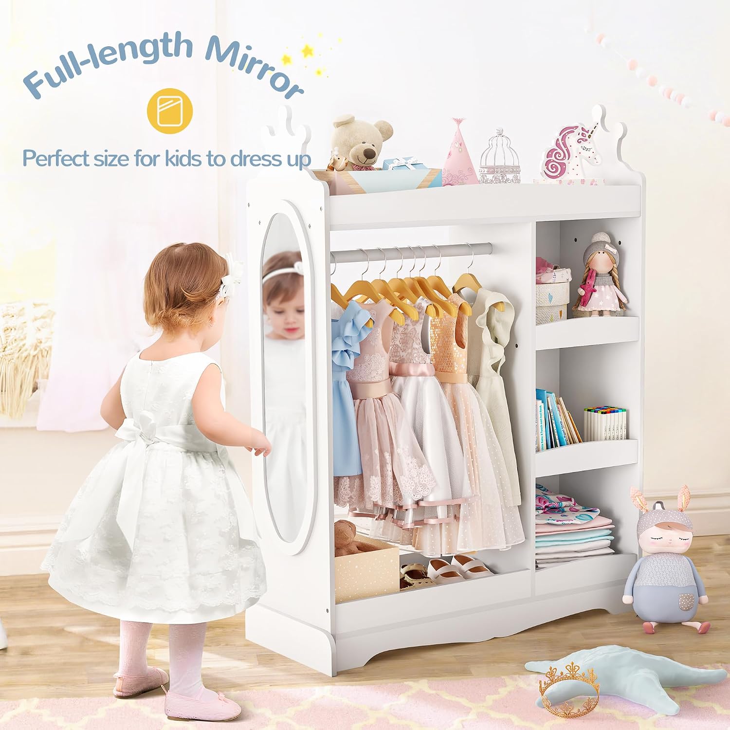 Curipeer Kids Dress up Storage with Mirror, Kids Wardrobe with 3 Hooks, Kids Closet for Girls Boys, Open Hanging Armoire Costume Organizer for Bedroom, Preschool, Classroom, White